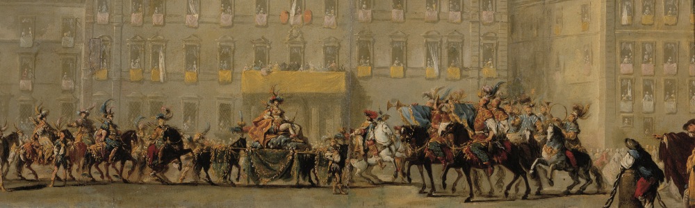 Mascarade des quatre parties du monde, Jean Barbault, olio su carta marouﬂé, 1751, Besançon, Musée des Beaux-Arts et d’Archéologie (particolare)