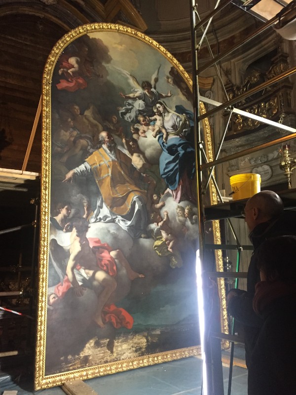F. Solimena, San Filippo intercede presso la Vergine per la città di Torino: insieme e particolari durante il restauro